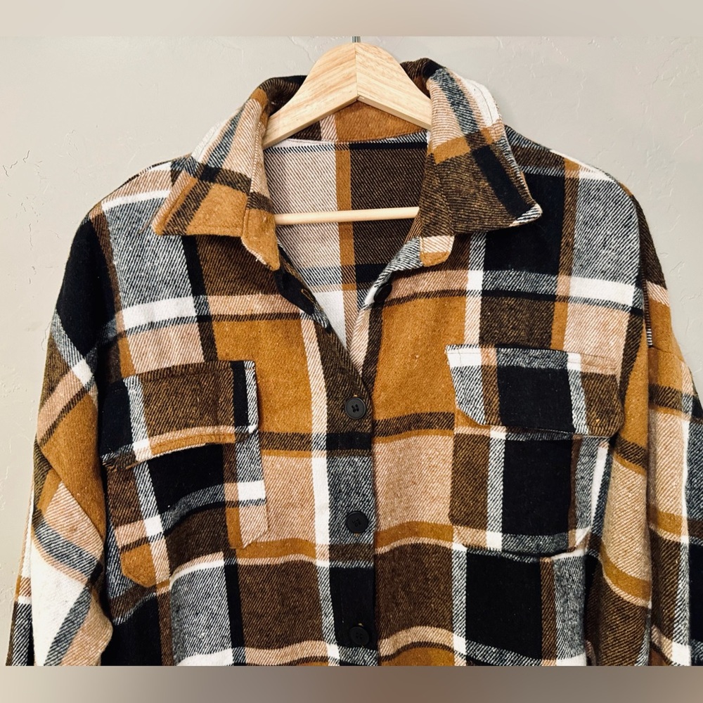 NWT Nine Britton Boyfriend Shacket Plaid Flannel Almond Brown Black SZ XL/XXL - Picture 9 of 16